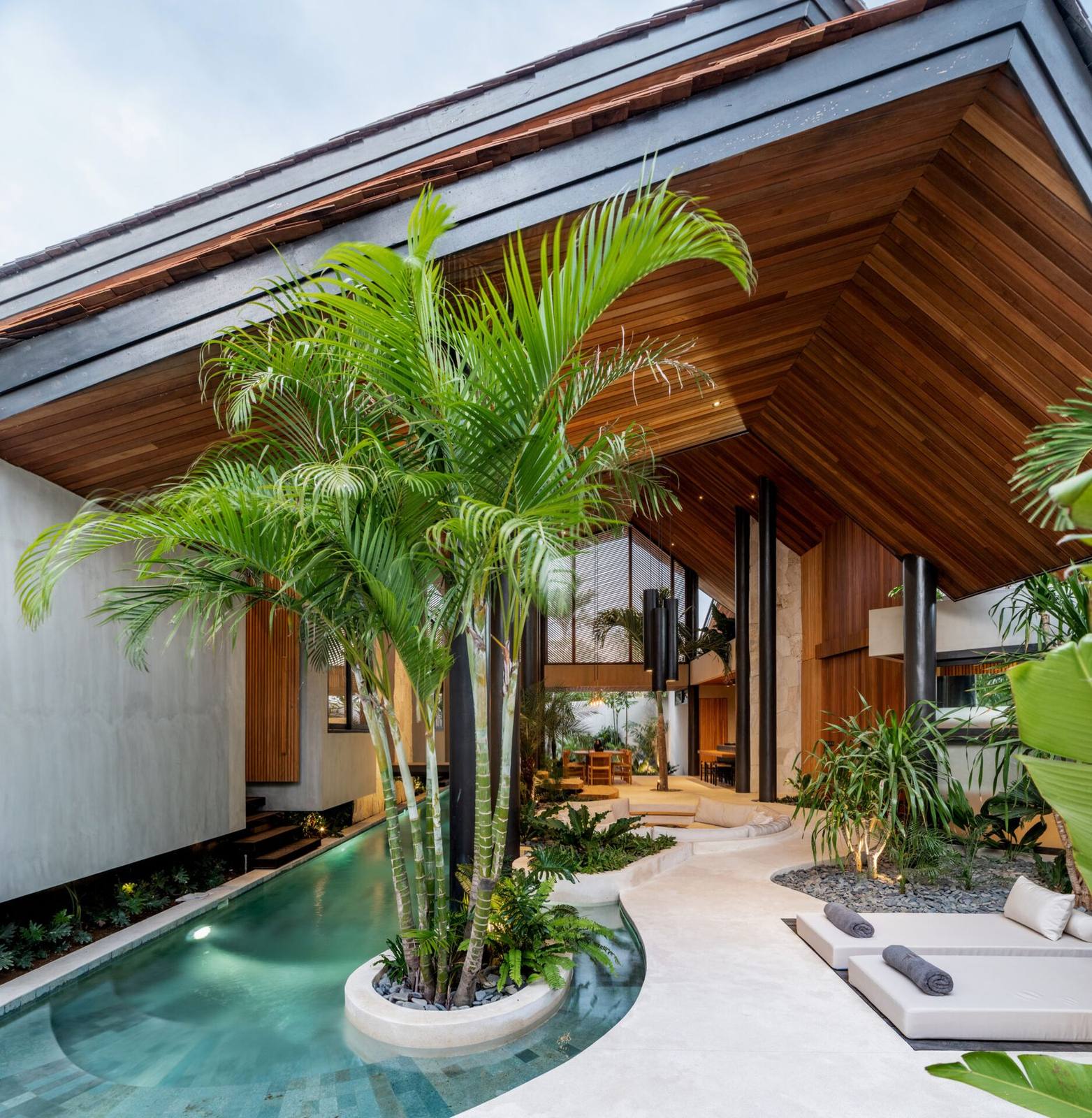 Modern villa exterior with palm trees and pool at the centre