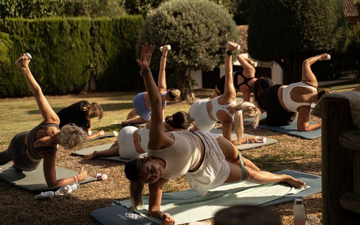 A group holding side planks on mats on a lawn, palm trees behind