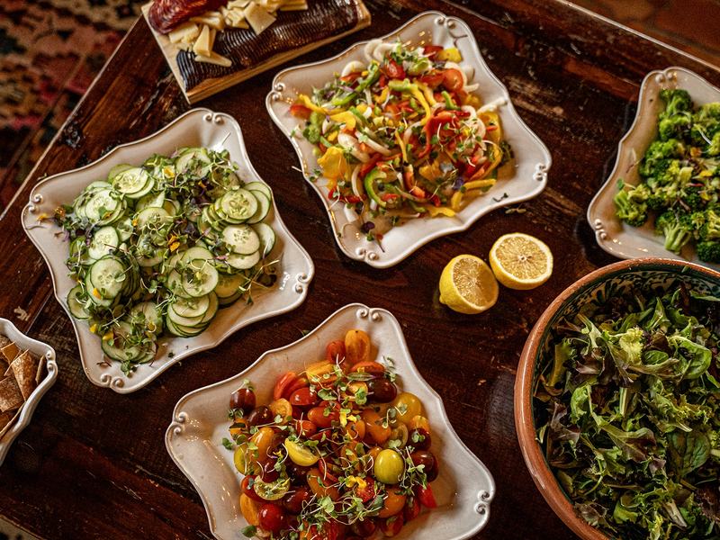 Bowls of fresh salads from the chef, seen from above