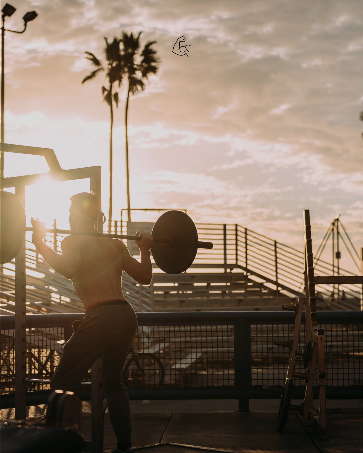 Barbell squat at an outdoor gym at sunset with palm trees behind