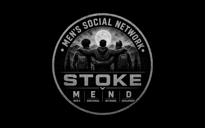 The Men’s Social Network Stoke logo: three men arm in arm under a full moon
